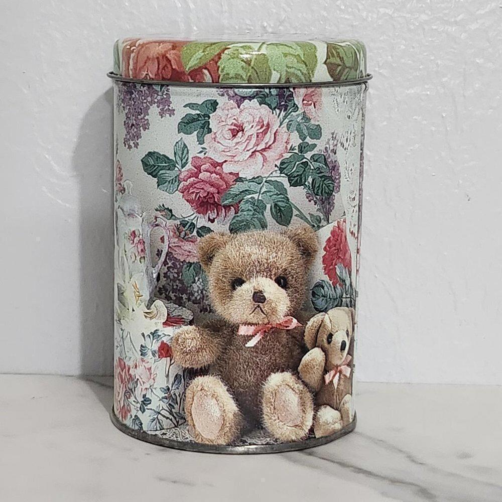 3/$25 Vintage Round Tin with Teddy Bears & Flowers Collectible Storage Container